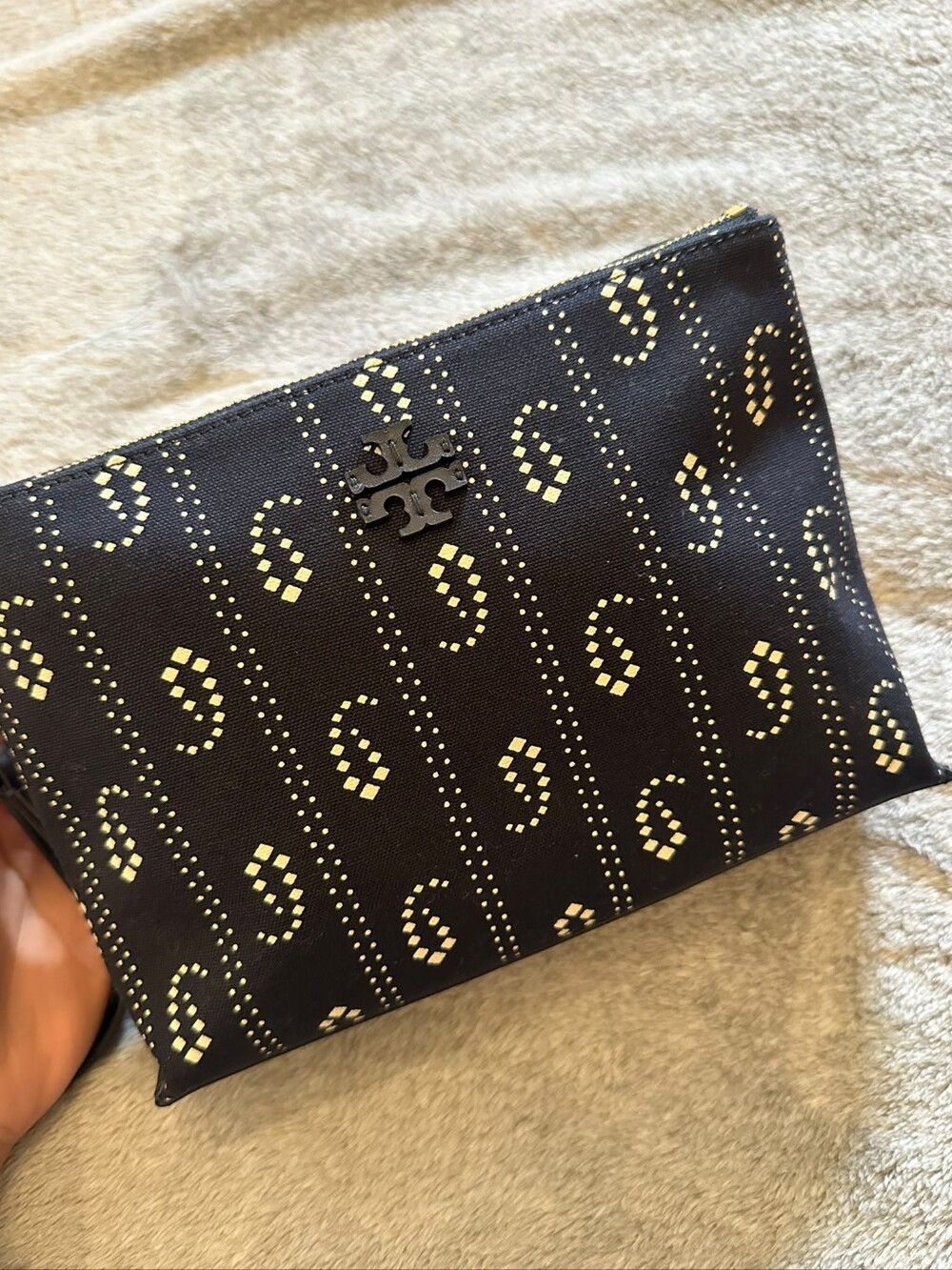 Tory Burch Navy Pouch with White Dot Pattern and Logo